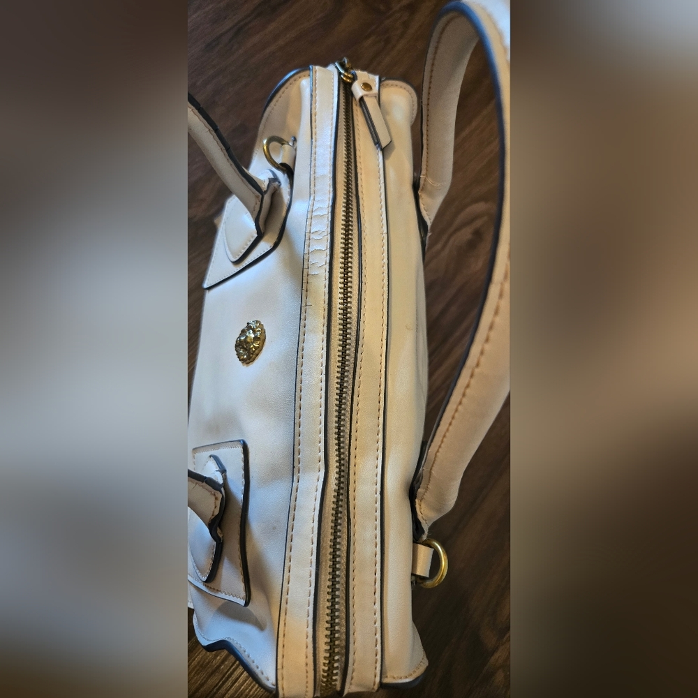 Anne Klein Cream Leather Satchel Bag Gold Logo Charm Top Handle Crossbody Strap - Picture 5 of 10